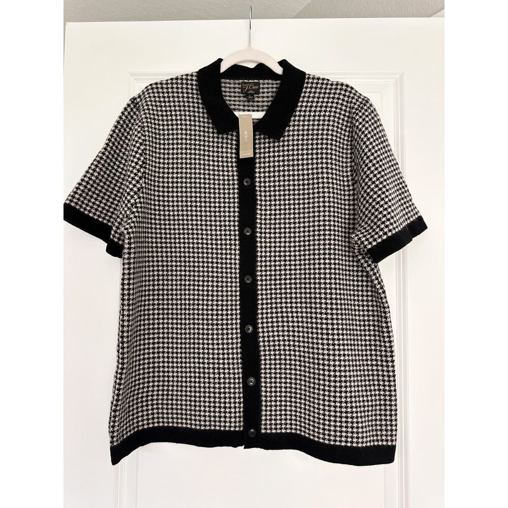 NEW J.Crew 100% CASHMERE Sweater Polo Mens L Houndstooth Short Sleeve Cardigan